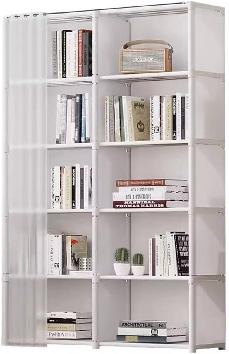 5-laags Vrijstaande Open Boekenkast En Boekenplank, Dubbele Rij 10-raster Multifunctionele Opbergapparatuur Met Gordijn, Display-opbergplanken Hoge Boekenkast For Slaapkamer, Woonkamer En Kantoor