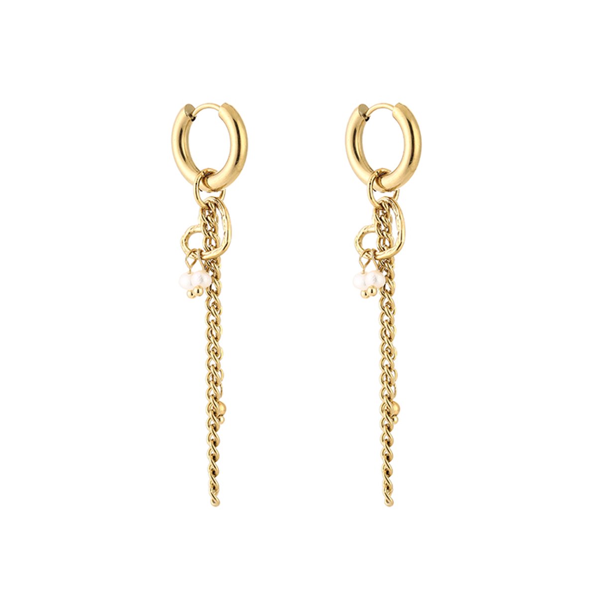 Stainless Steel Gekoppelde Gourmet Kettingschakel Oorringen met Hart & Parel – Asymmetrische Multi-Charm Hoops – RVS - Goud