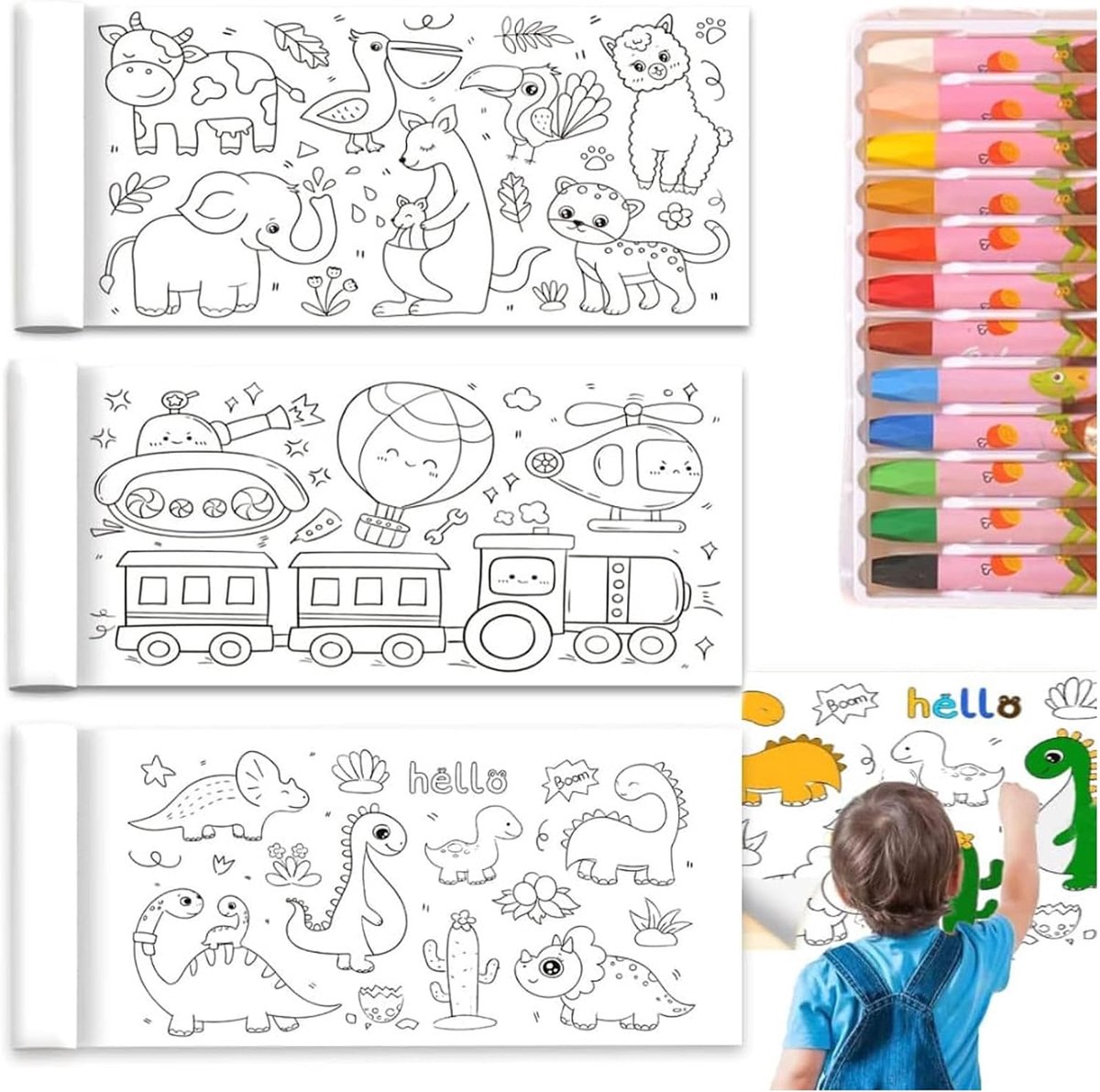 SnelShoppen - 3 Stuks Snijdbare Tekentrommels voor Kinderen, DIY Papieren Rol met Wascrayon, Zelfklevend, Knutselen voor Jongens en Meisjes (30 x 300c