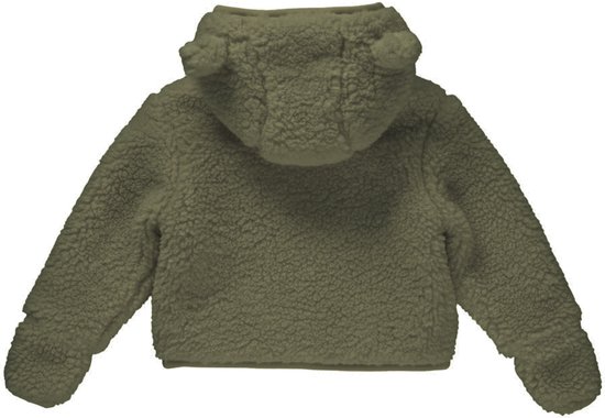 Groene teddy jas met capuchon met oortjes, van achteren gezien.