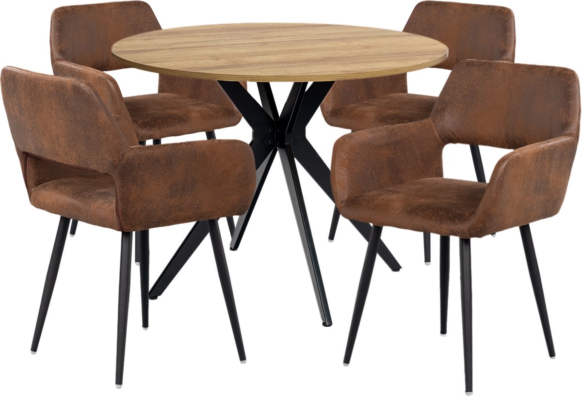 Eethoek - Ronde Eikenlook Tafel En 4 Industriële Armstoelen - Bruin