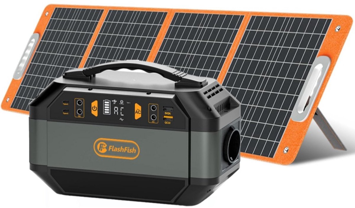 FlashFish P56 - Draagbare Powerstation 299Wh - 80850mAh - Met 100W Opvouwbaar Zonnepaneel Set - 330W - 600W - AC Solar Generator Combo - Inclusief USB QC3.0 - Type-C & DC - Outdoor & Noodstroom