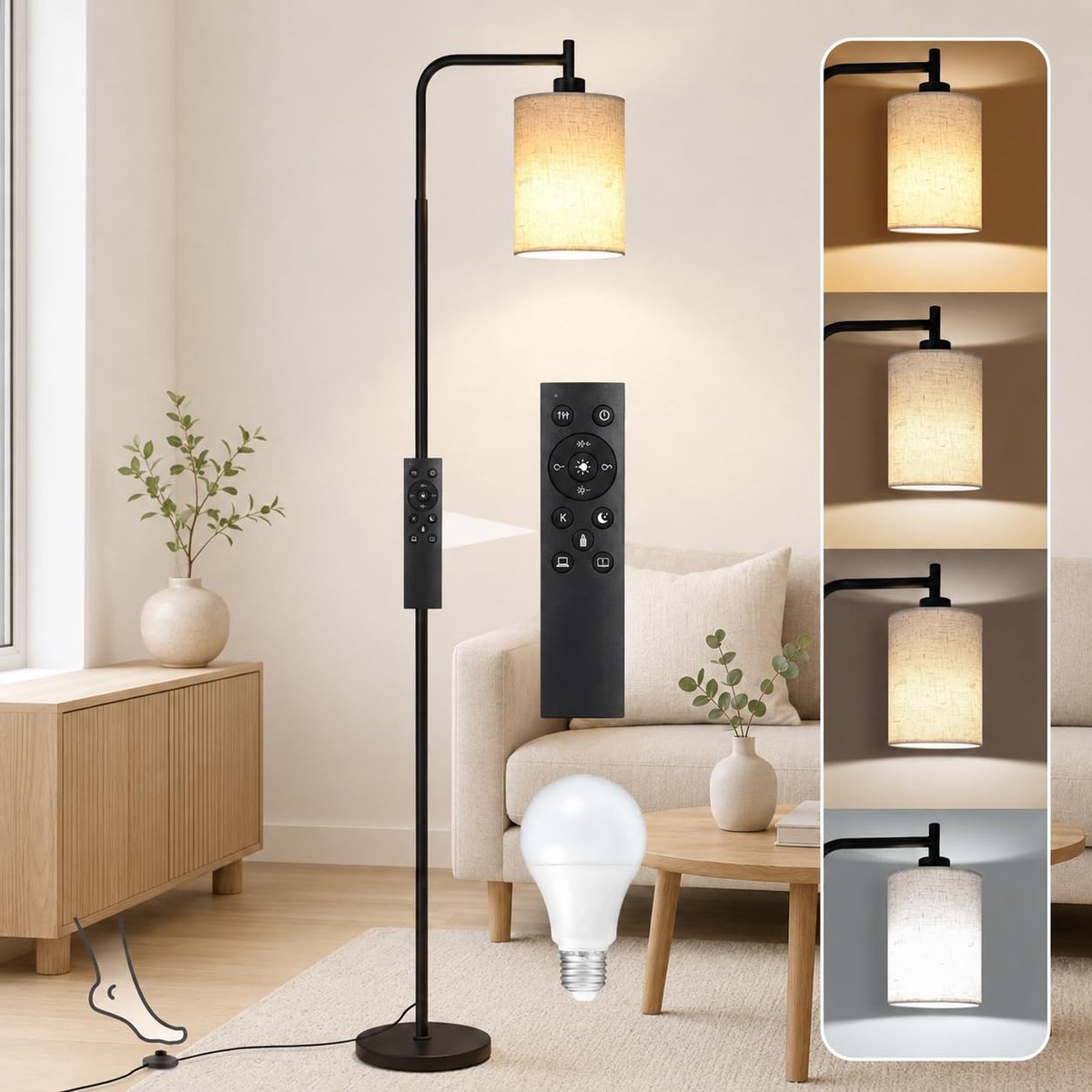 MUPOO Moderne Vloerlamp met Linnen Lampenkap - Staande Lamp met Magnetische Afstandsbediening-hoeklamp met Dimbaar& 4 Kleurtemperaturen-E27 LED Lamp Inbegrepen - Voetschakelaar & Timer - leeslamp staand voor Slaapkamer Kantoor-Zwart
