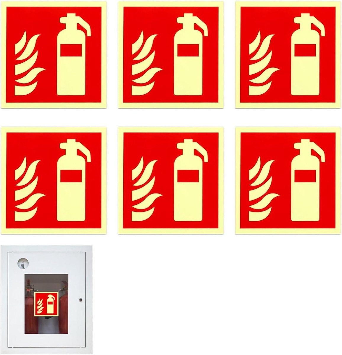 Veiligheidsborden Set - Brandblusser stickers - Veiligheid aanduiden - Oplichtend PVC - 6 stuks 15x15cm - Groen Wit