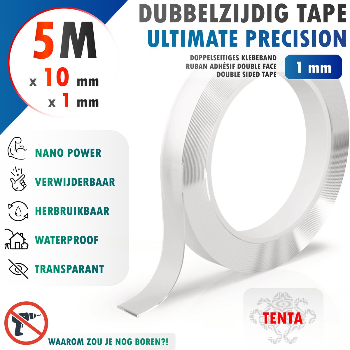 Dubbelzijdig Tape Extra Sterk 5m x 10mm x 1mm - TENTA Ultimate Precision