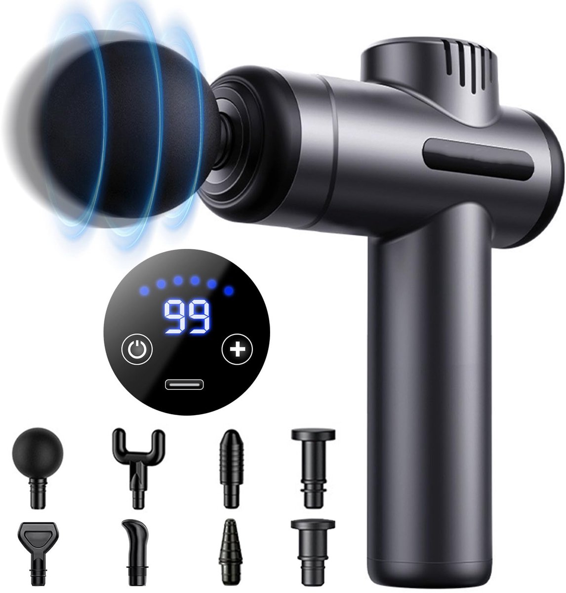 SnelShoppen - Mini-massagepistool met 99 snelheden, 8 massagekoppen, LCD-touchscreen, USB-C-opladen, ideaal voor spierpercussiemassage, ontspanning, s