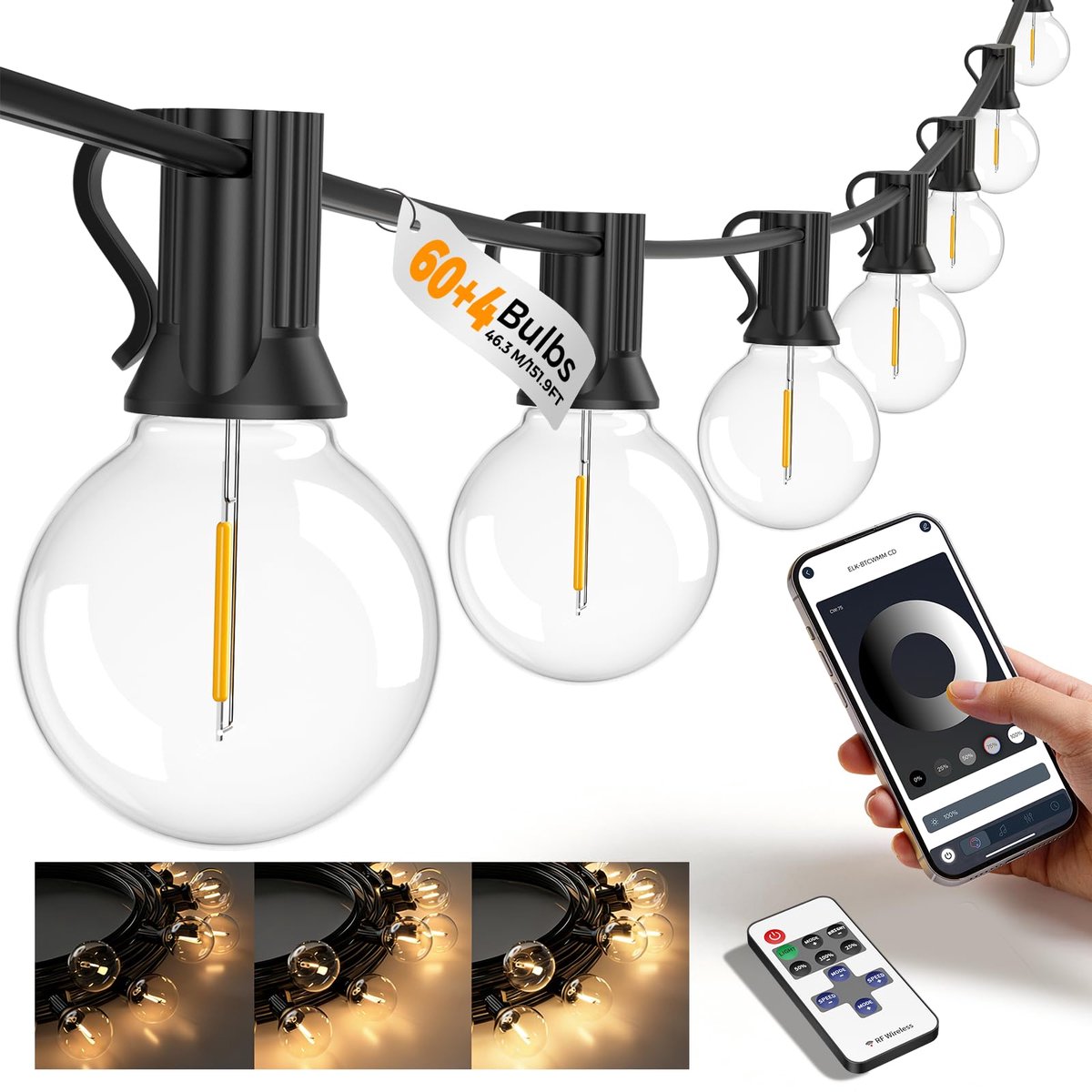 SnelShoppen - Tuin lichtslingers 46,3M LED G40 Festoon licht voor buiten - 60+4 reserve lampen - APP & afstandsbediening - Dimbaar & timer - IP44 - Pe