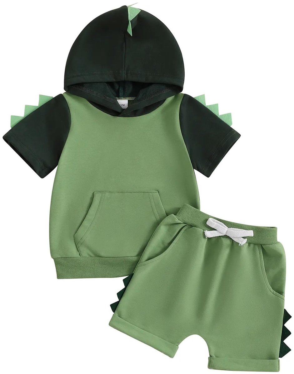 SnelShoppen - Babykledingset met capuchon, Dinosaurus-Hai, Korte Mouwen, Contrasterende Top en Shorts, Groen, 2-3 Jaar, Perfect voor Zomer, Speeltuin