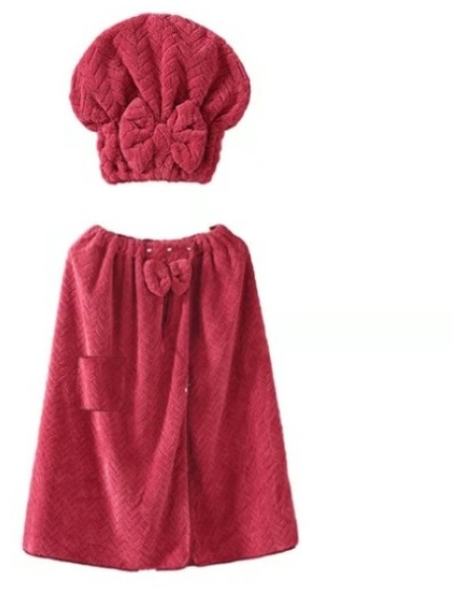 Vivva - 2-in-1 Draagbare badhanddoek met Haarwikkel – Verstelbare Microvezel Wrap met Haarhanddoek, Sneldrogende Saunahanddoek met Zak – One Size - Rood - LUXROBA