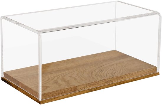 Lege transparante displaybox met een houten bodem, 24x12x11 cm.