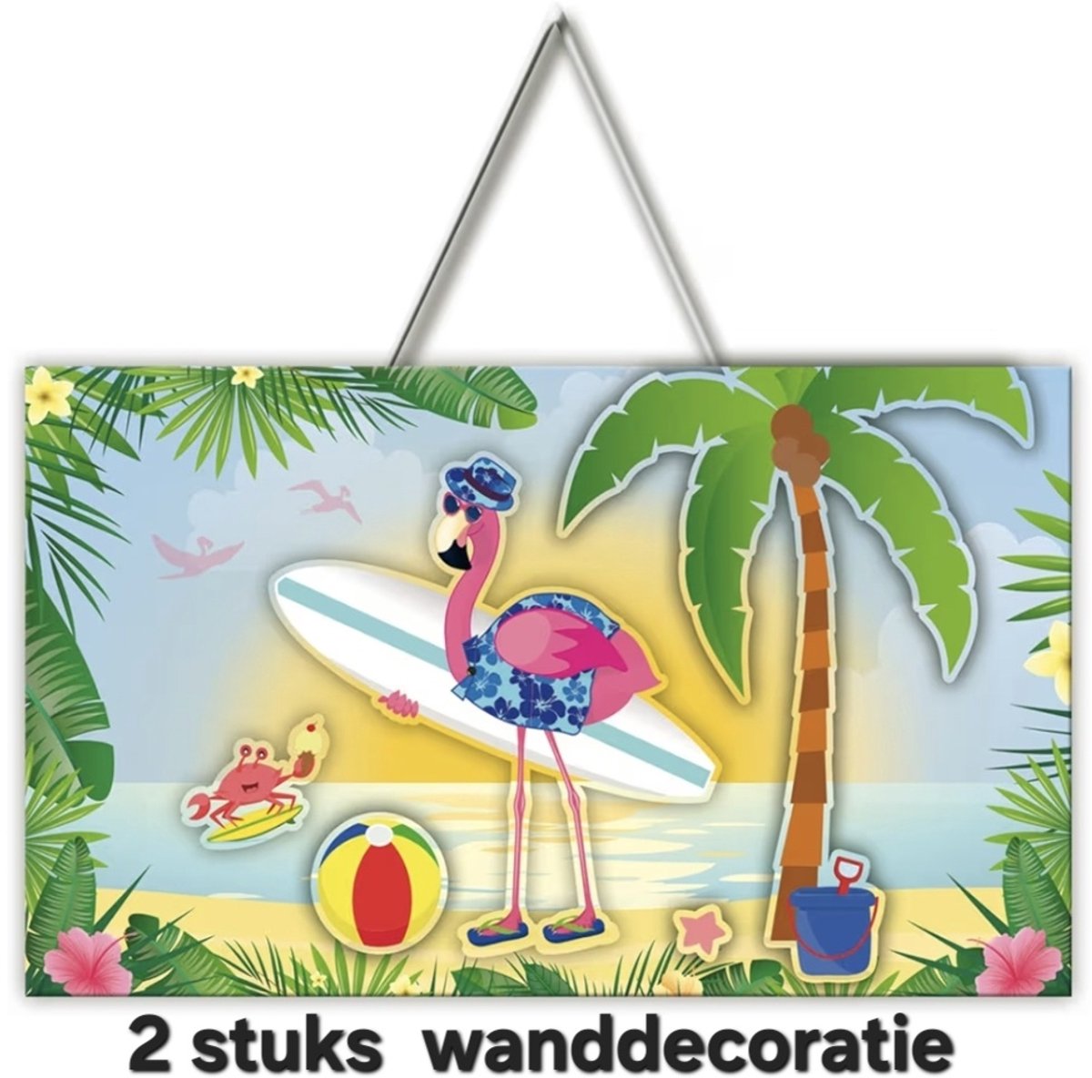 2 x Deur/ Wand decoratie 3 D bord Flamingo strand, Themafeest, Hawaii, Zomer, Verjaardag, Karton.