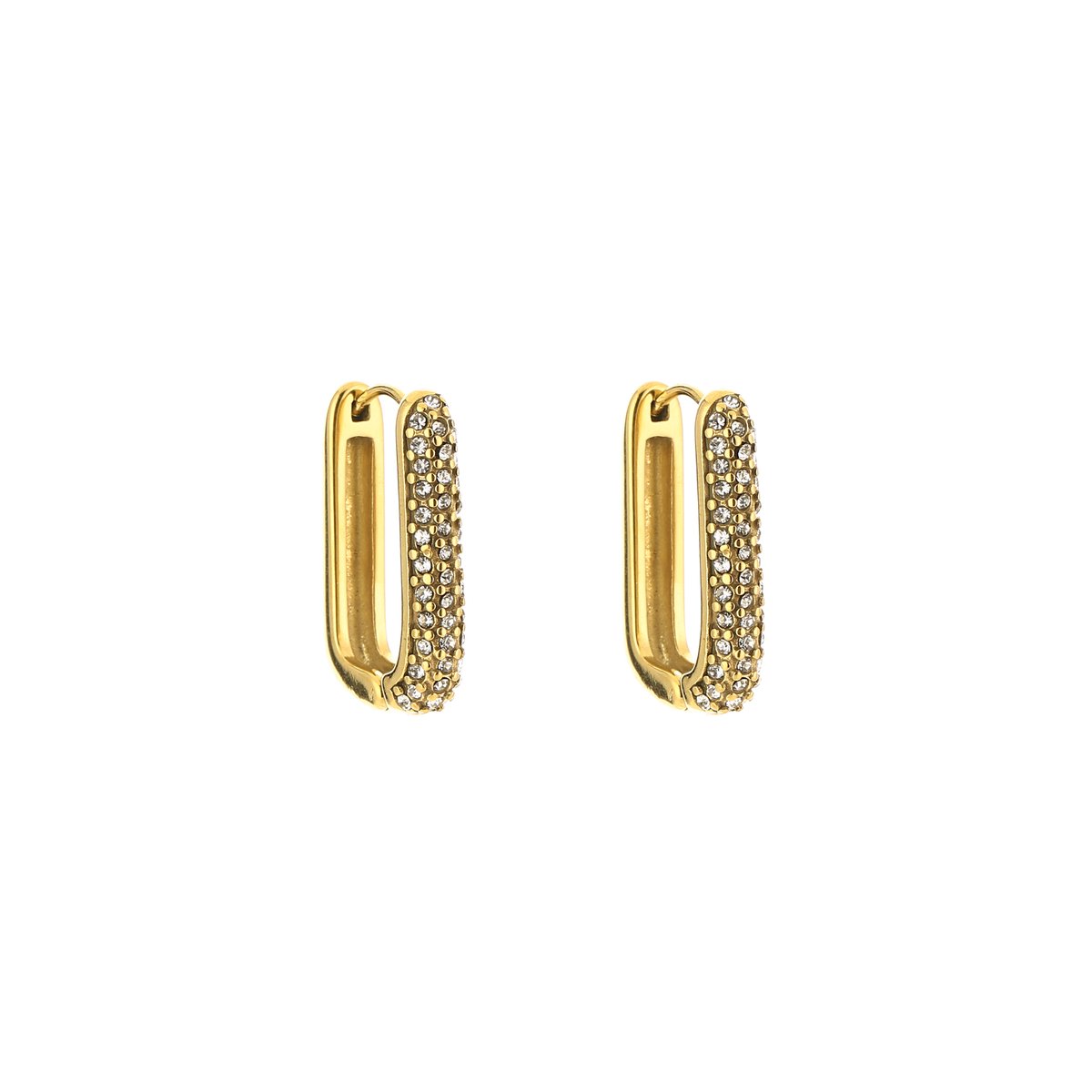 Stainless Steel Glamour Pavee Rechthoekige Oorringen – Elegante & Sprankelende Hoops – RVS - Goud