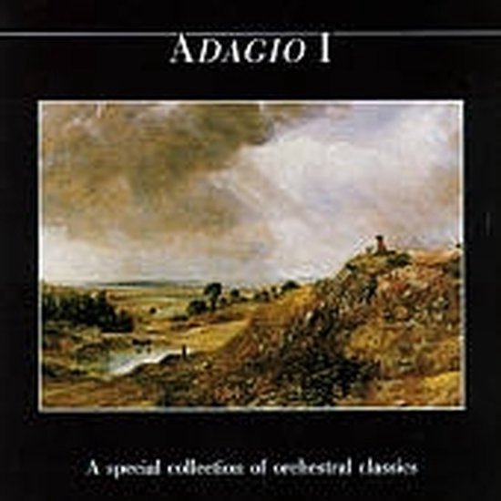 Albumhoes met de titel 'ADAGIO I' en 'A special collection of orchestral classics'. Toont een schilderachtig landschap met een rivier, glooiende heuvels en een toren.