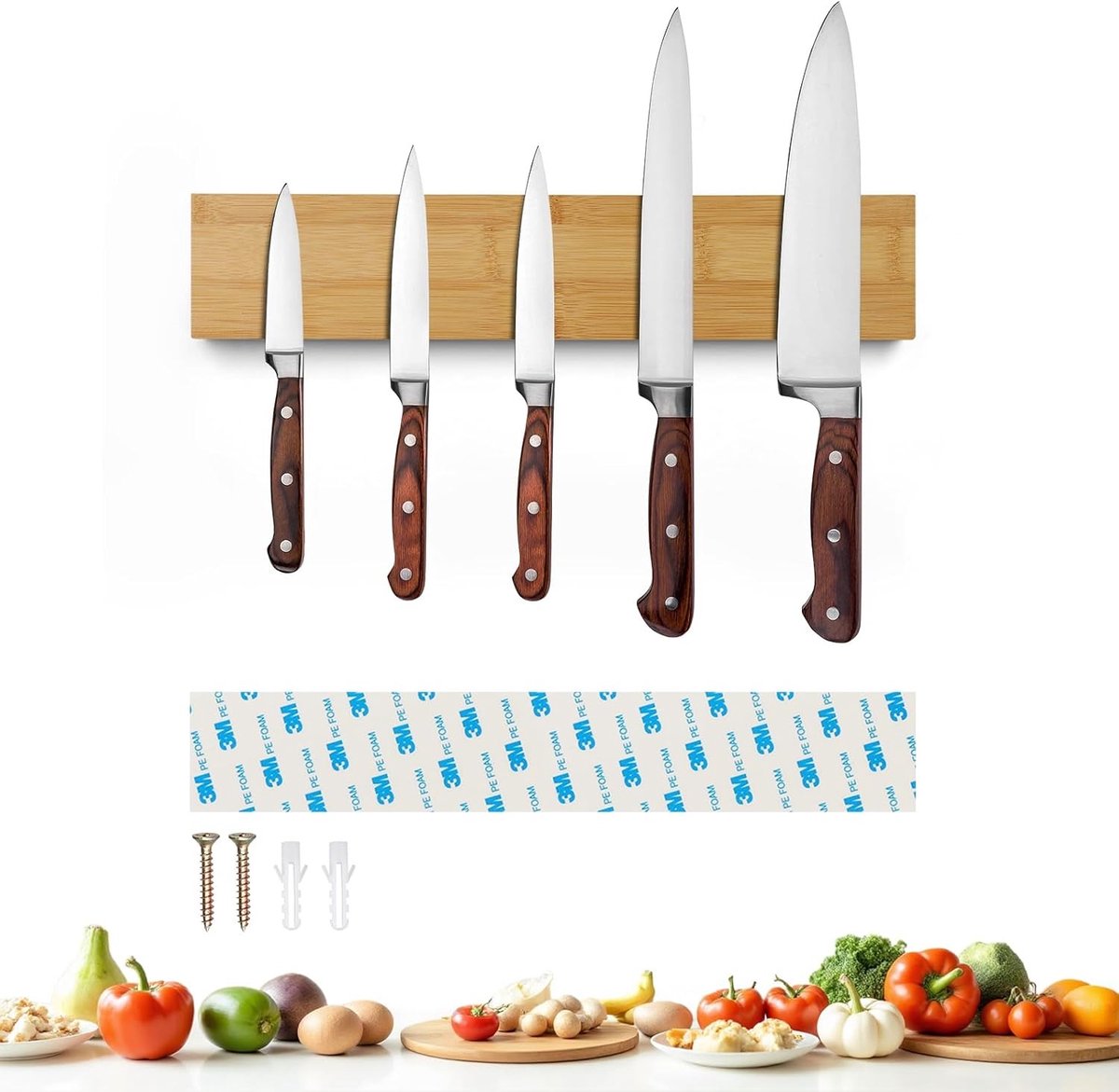Magnetische Messenset 30 cm, Bamboe Houder voor Keukenmessen, Zelfklevende Magnetische Messenhouder voor Keukenaccessoires en Gereedschap