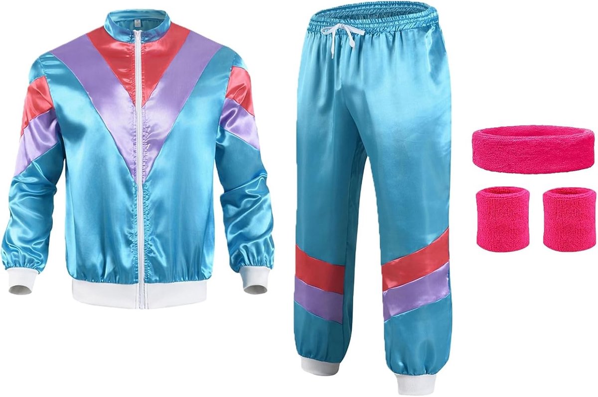 80s Outfits voor Feestjes, Tracksuit Kostuum, Retro Joggingpak met Accessoires voor Carnavalsvieringen