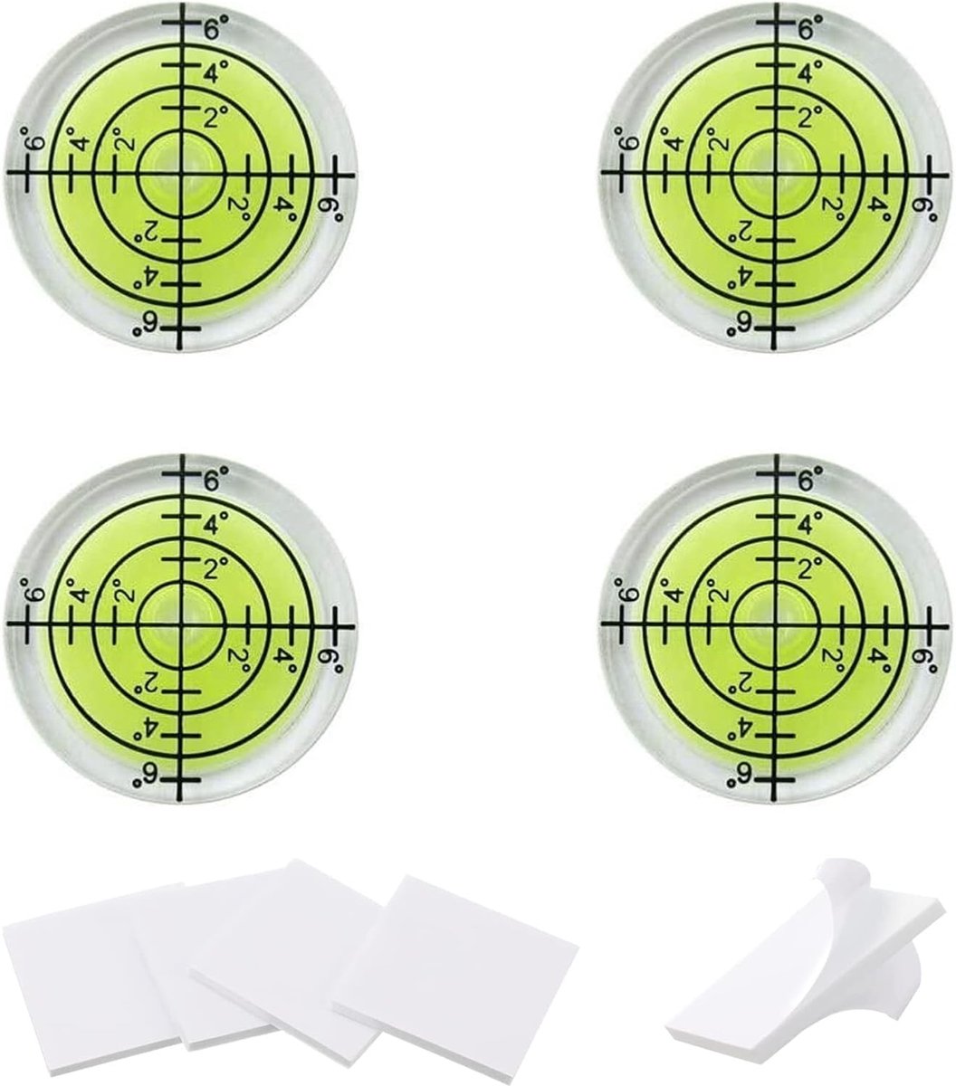 SnelShoppen - Mini Spirit Level Set - 4 Stuks, Ø 32 mm - Handige Waterpas voor Motorhome, Caravan, Elektriciens - Compact en Lichtgewicht