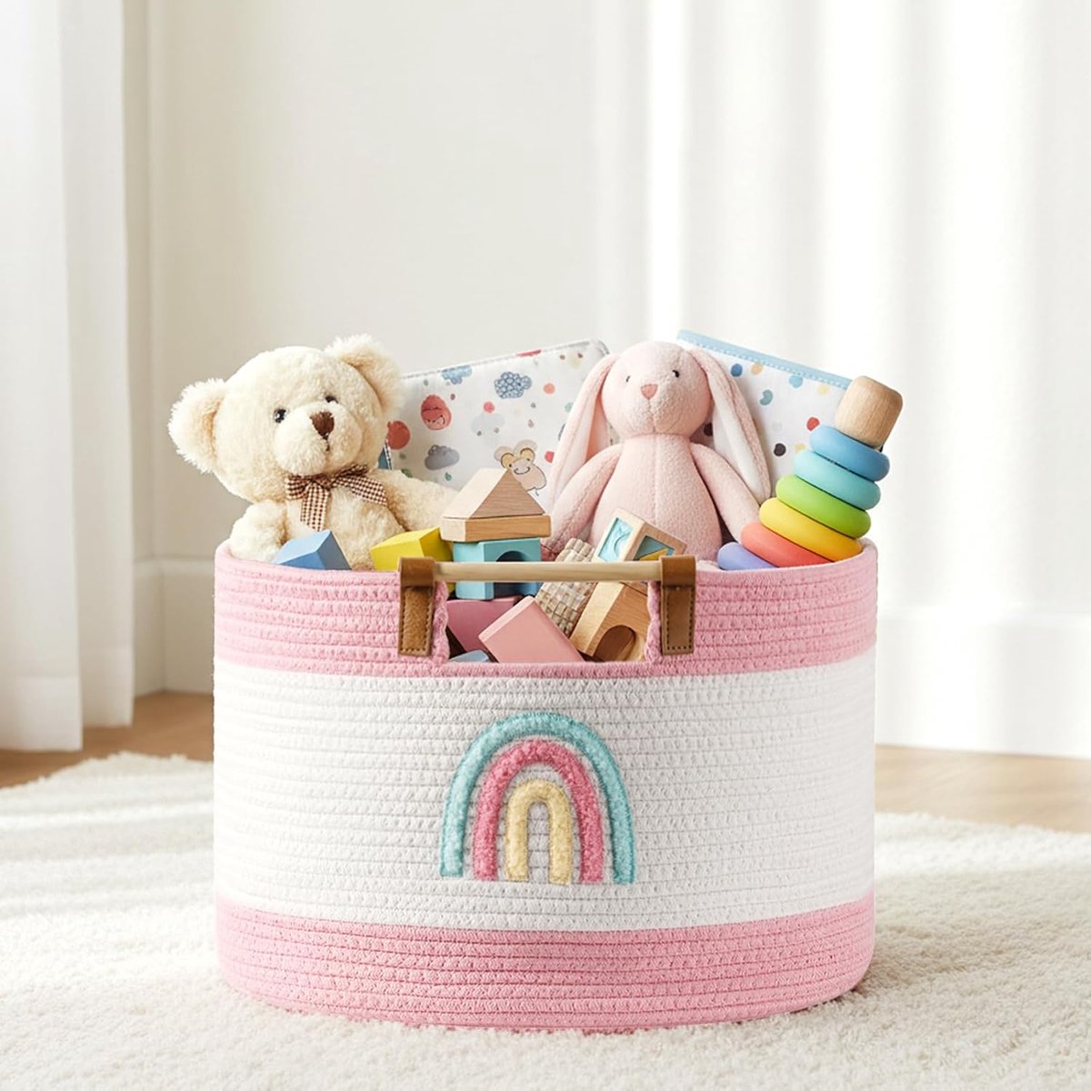 SnelShoppen - Woven Cotton Rope Baskets voor Kinderen - Speelgoedopslag, 34 cm - Lichtgewicht Baby Baskets met Houten Handvatten - Organiseer Speelgoe