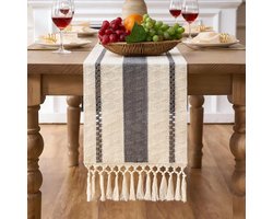 SnelShoppen - Table Runner Modern Grey Boho Macrame - Decoratieve Tafelkleed met Katoen Linnen en Kwastjes - Country Style Tafeldecoratie voor Bruilof