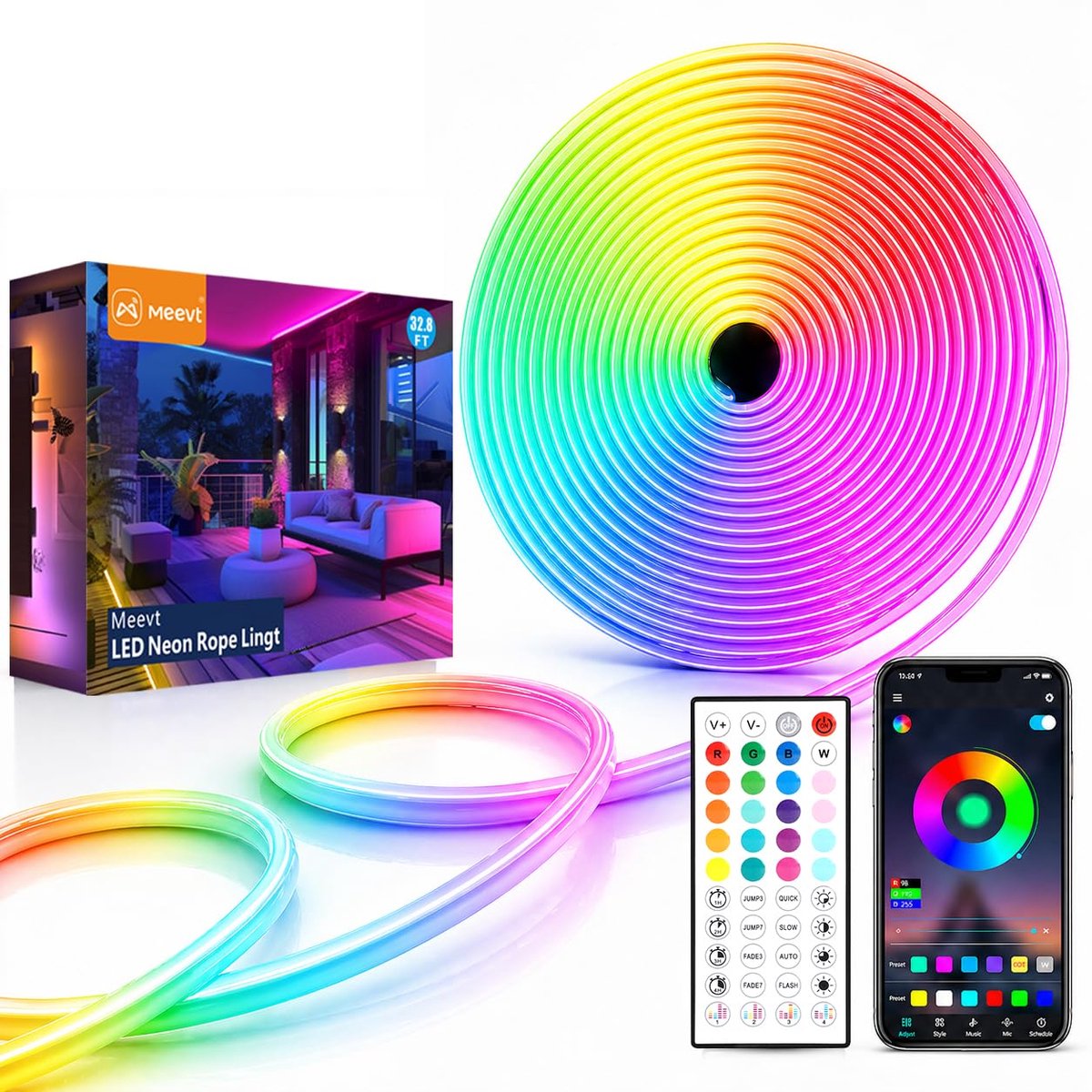 SnelShoppen - 10M Neon LED Strip RGB, 24V Waterdichte LED Lights met Zijwaarts Schijnend Design, Siliconen Lichtband voor Buiten, Tuin, Gaming, Muziek