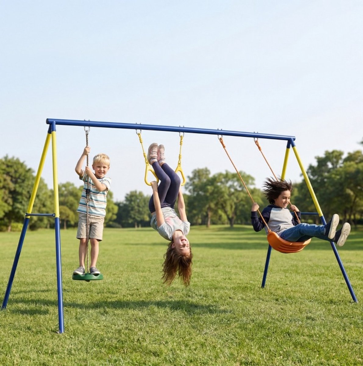 Wishdor Kinderschommel 3-in-1 - Klassieke schommel, staande schommel en turnringen - Metalen A-frame constructie - Meerkleurig - 285 x 160 x 181 cm