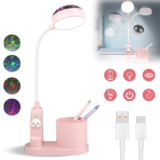 Kinderbureaulamp - LED-leeslamp - Met pennenhouder en projectorfunctie - USB-oplaadbaar - Oogvriendelijke bureaulamp voor kinderen - ABS-materiaal - Nachtlampje voor naast het bed - Roze — afbeelding 3
