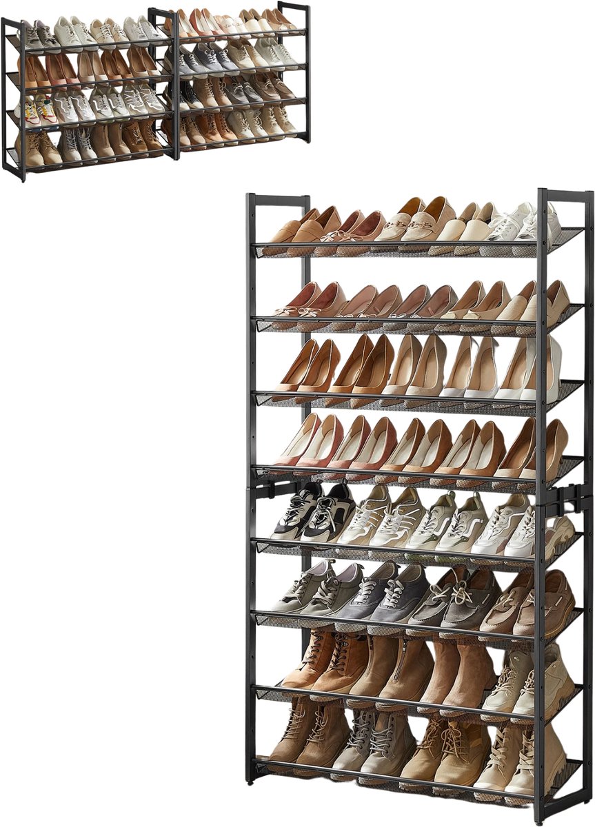 Stervia Schoenenrek - Schoenenkast - Schoenenplank - 1 Hoog Rek Of 2 Lage Rekken - Ca. 30 Paar Schoenen - Kantelbeveiliging - Zwart - 92,5 × 30,7 × 163,5