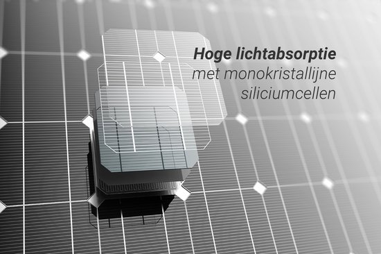 Zonnecel met tekst Hoge lichtabsorptie met monokristallijne siliciumcellen.