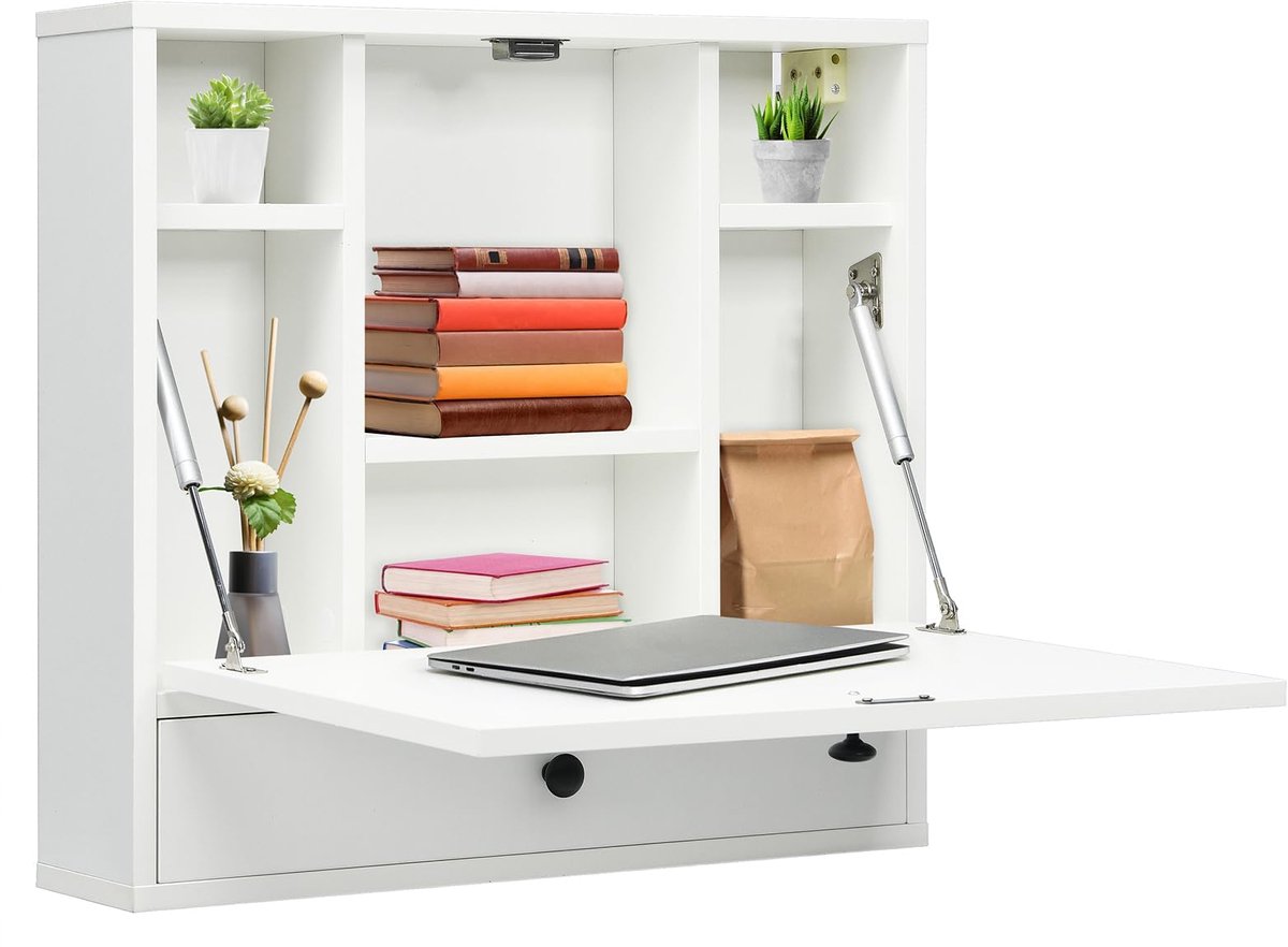 SnelShoppen - Inklapbare Bureau, Wandklaptafel met Opbergvakken en Lade, Compacte Computertafel voor Thuiswerk, Wit, Perfect voor Kleine Ruimtes