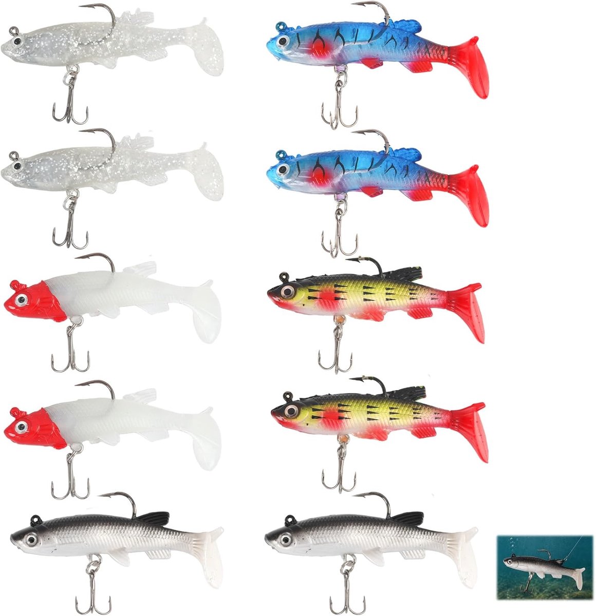 SnelShoppen - 10 Stuks Zacht Aas voor Roofvissen, Realistisch Siliconen Visaas met 3D Bionische Ogen, Flexibele T-staart voor Forel en Snoek, Perfect