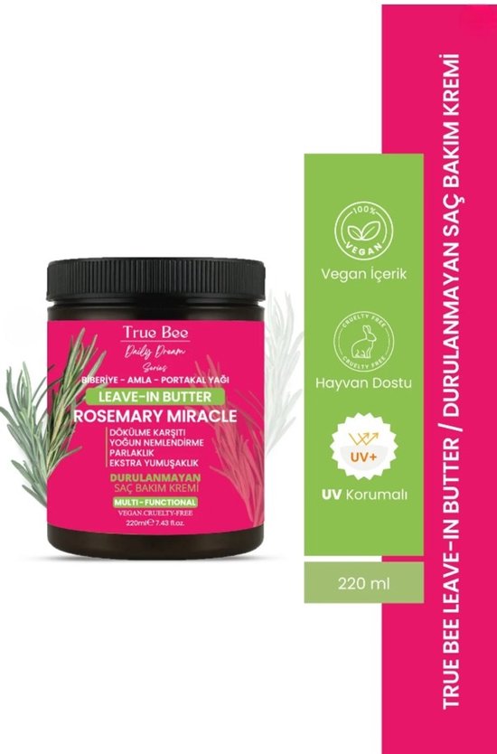 Pot met 'True Bee Daily Dream Series Rosemary Miracle Leave-in Butter' haarcrème, met logo's voor vegan en cruelty-free. Naast de pot een groen vlak met tekst.