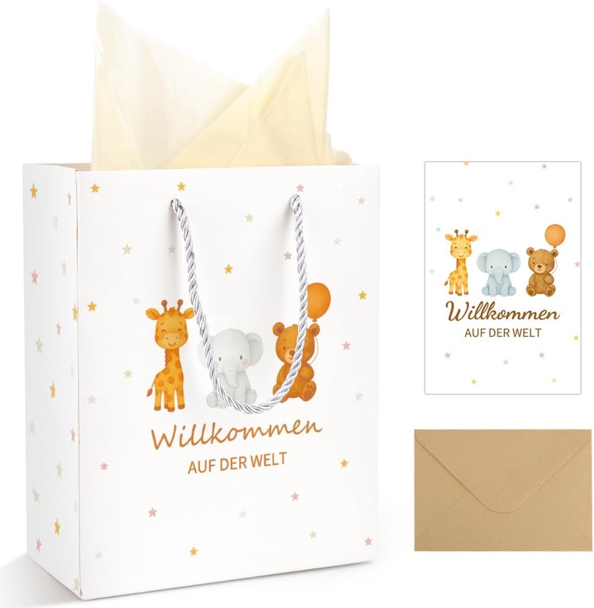 SnelShoppen - Cadeauzakje voor Geboorte Jongen Meisje met Handvat 'Welkom in de Wereld' - Papier Geschenkzakje voor Babyshower en Geboorte - Met Zijde