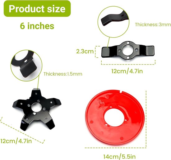Maatdetails: 5-tands zwart metaal, 12cm/4,7in; 2-tands zwart metaal, 12cm/4,7in; rode schijf, 14cm/5,5in.