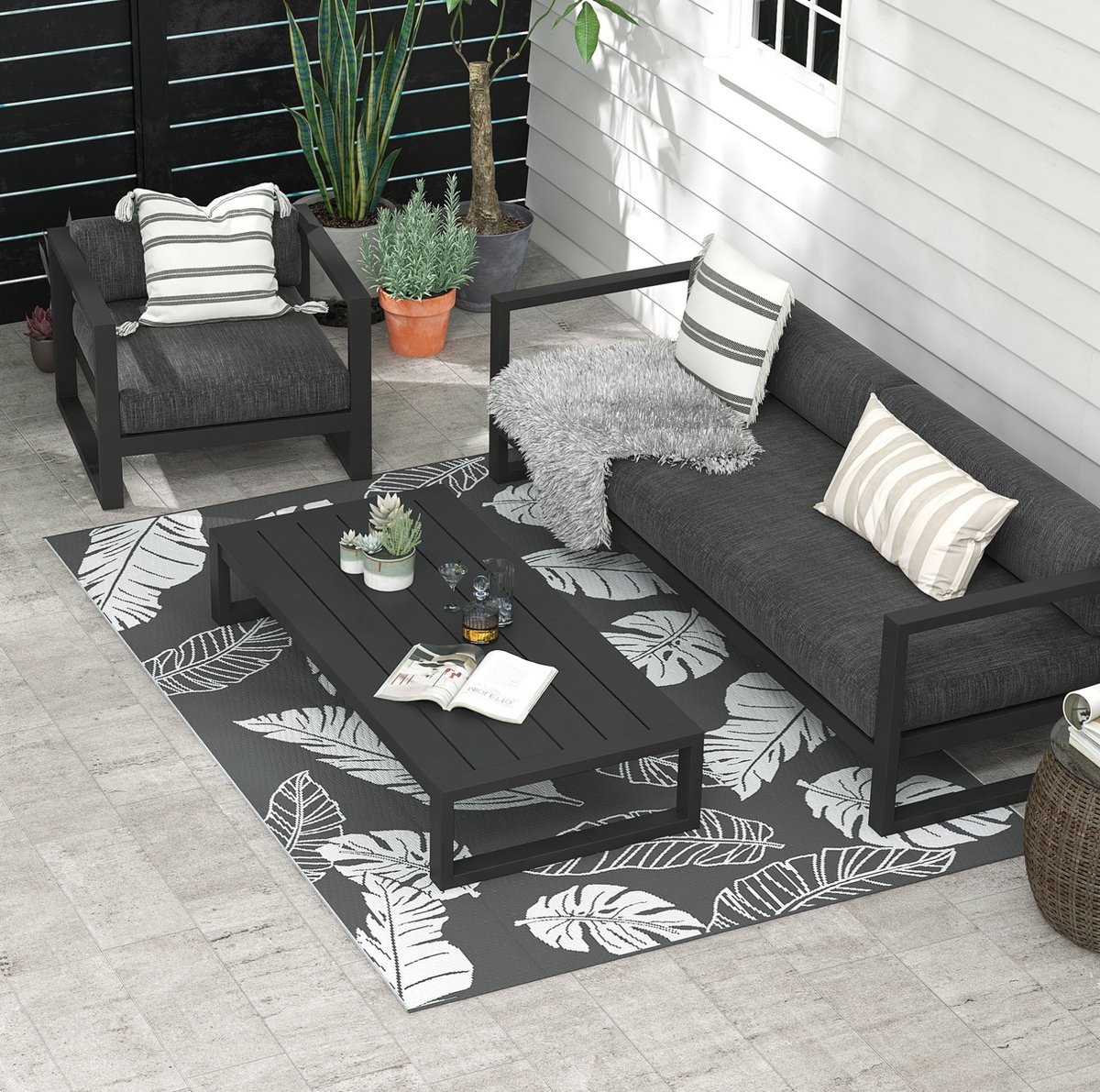 COVREO Outdoor vloerkleed 182x274 cm - grijs wit, dubbelzijdig, waterbestendig voor balkon en terras