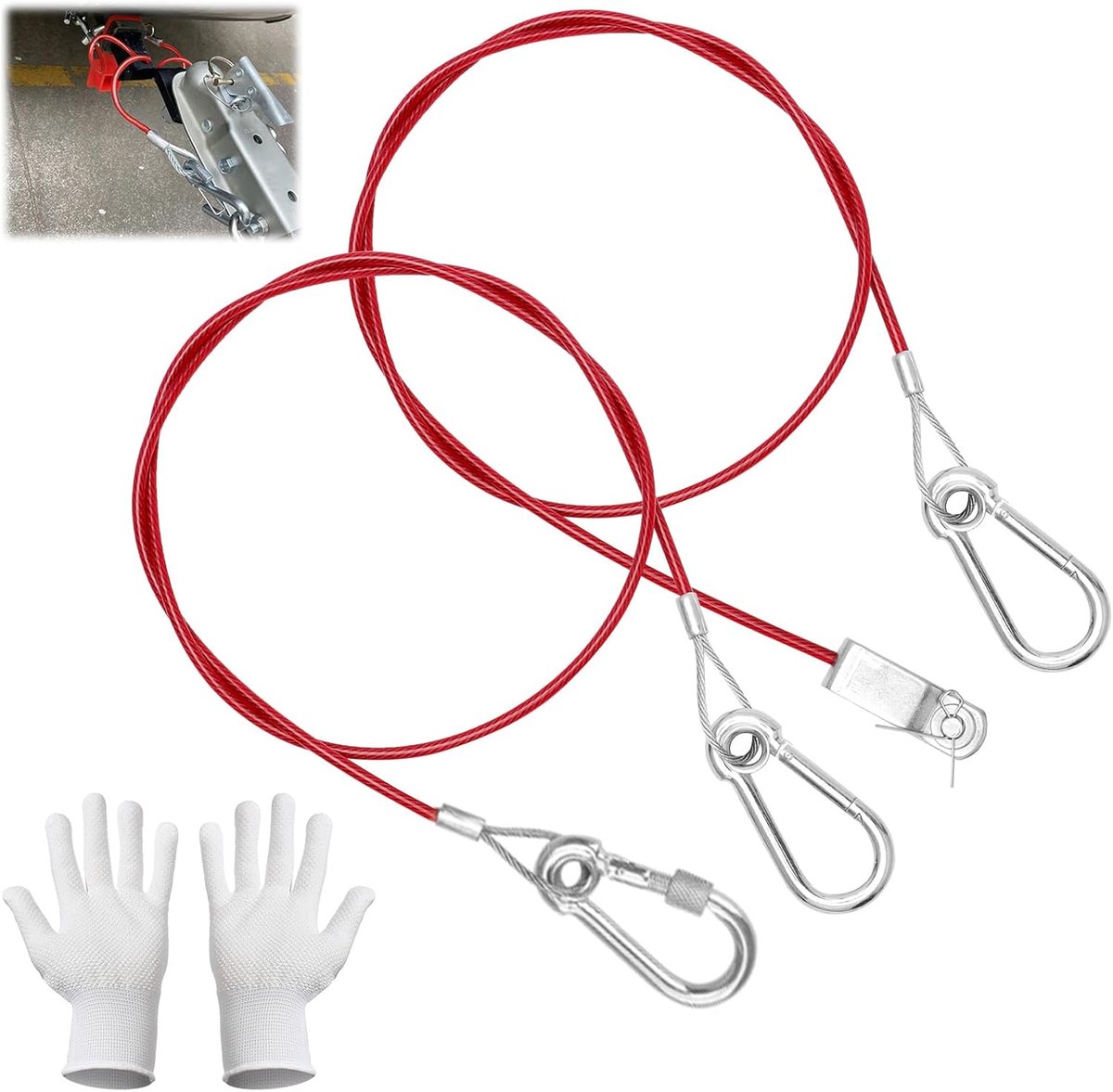 SnelShoppen - 2 Stuks Breekkabel Trailer, RVS Catch Rail met Karabijnhaak, 1000 MPa Treksterkte, Handschoenen Gevoerd, Voor Trailers en Caravans