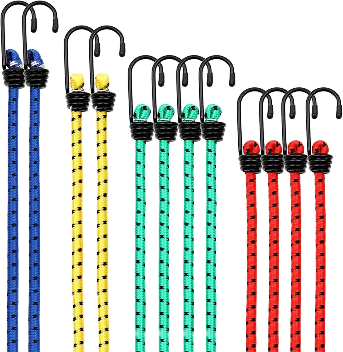 SnelShoppen - Set van 12 Tension Rubber Lashes met Hooks, Expander en Tensioners in 4 Lengtes, Stevige Rubber Tensioners voor Tuin, Camping en Klussen