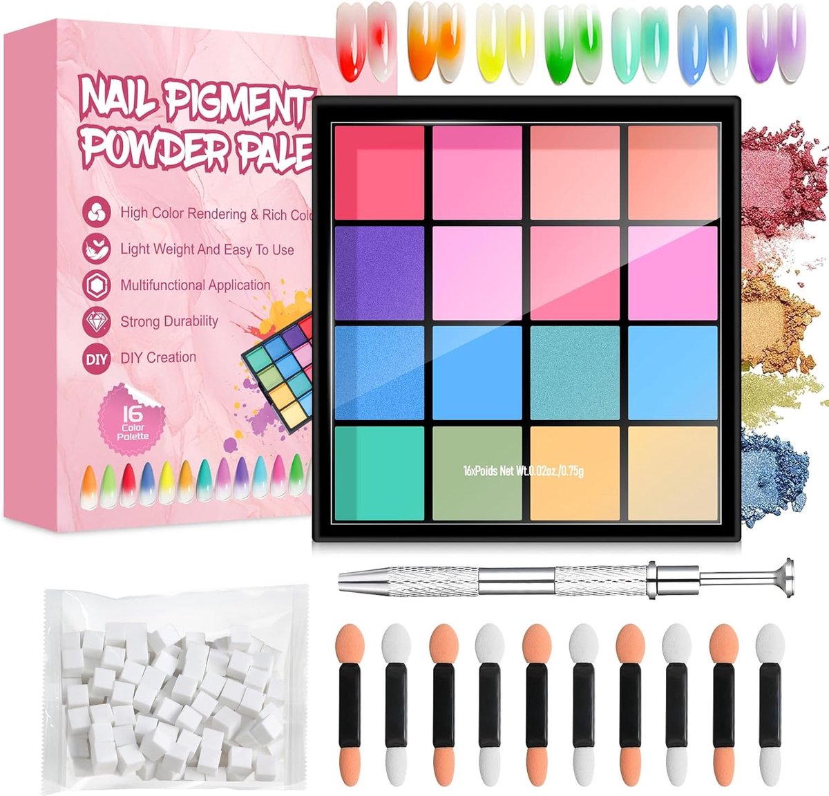 SnelShoppen - Nail Pigment Set 16 Kleuren - Nail Powder, Nagelpoeder, Inclusief 50 Nagelart Spons, 10 Sponskwasten en 1 Metaal Grijper voor Perfecte N