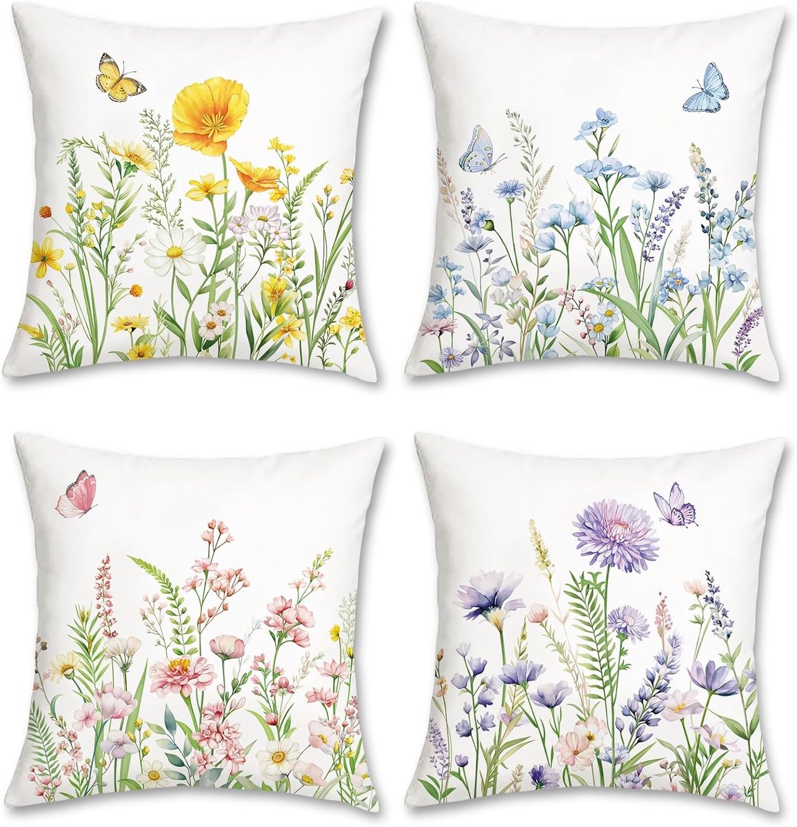 SnelShoppen - Decoratieve Kussenhoezen 45x45cm - Set van 4 - Kleurrijke Tuinbloemen en Vlinders - Zachte Pluche Kussens voor Sofa, Tuin en Patio