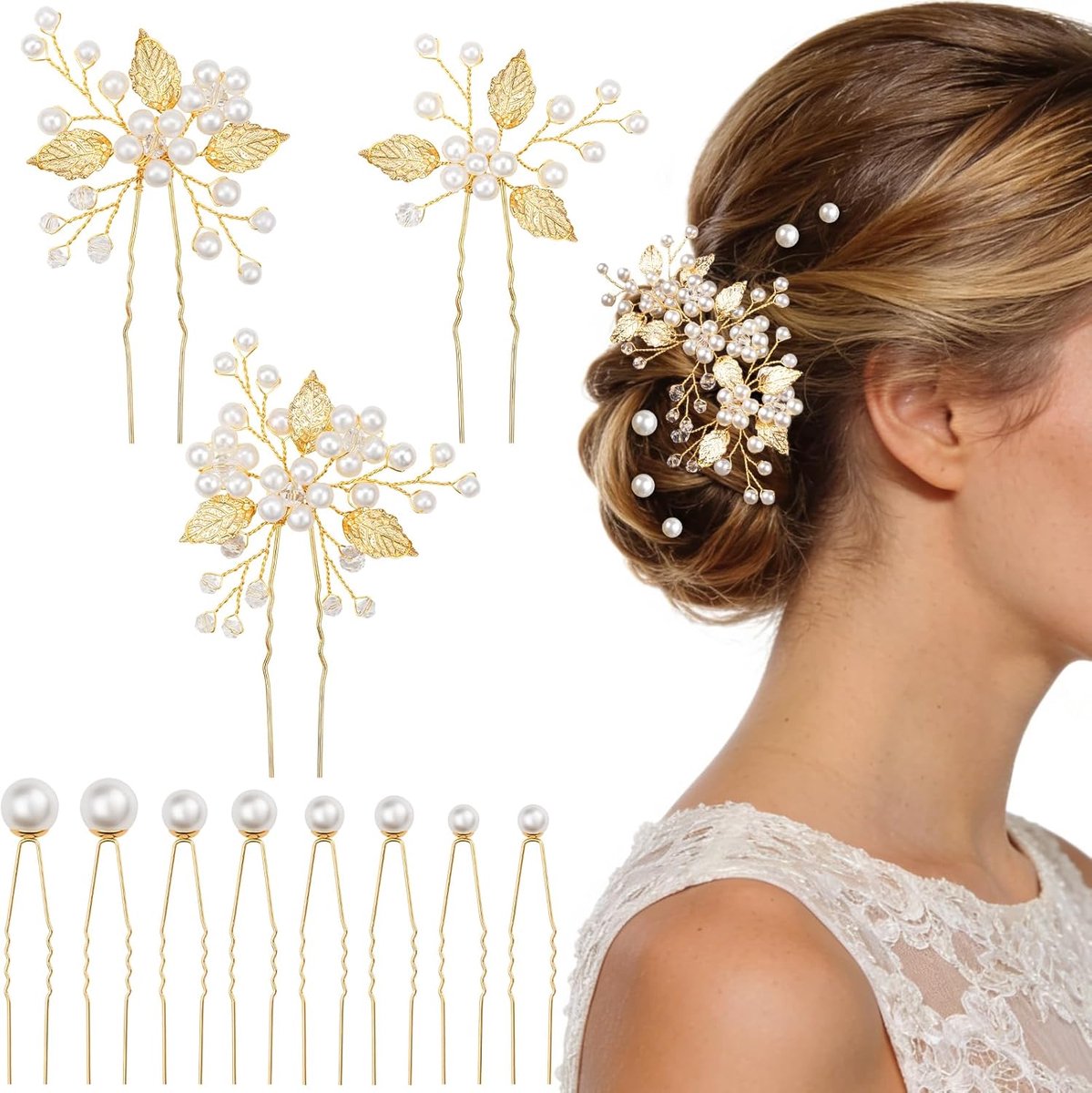 SnelShoppen - 11-delige Bruids Haaraccessoires Set - U Vorm Haarspelden met Parels en Strass - Gouden Bruidskapsels voor Vrouwen en Meisjes - Perfect