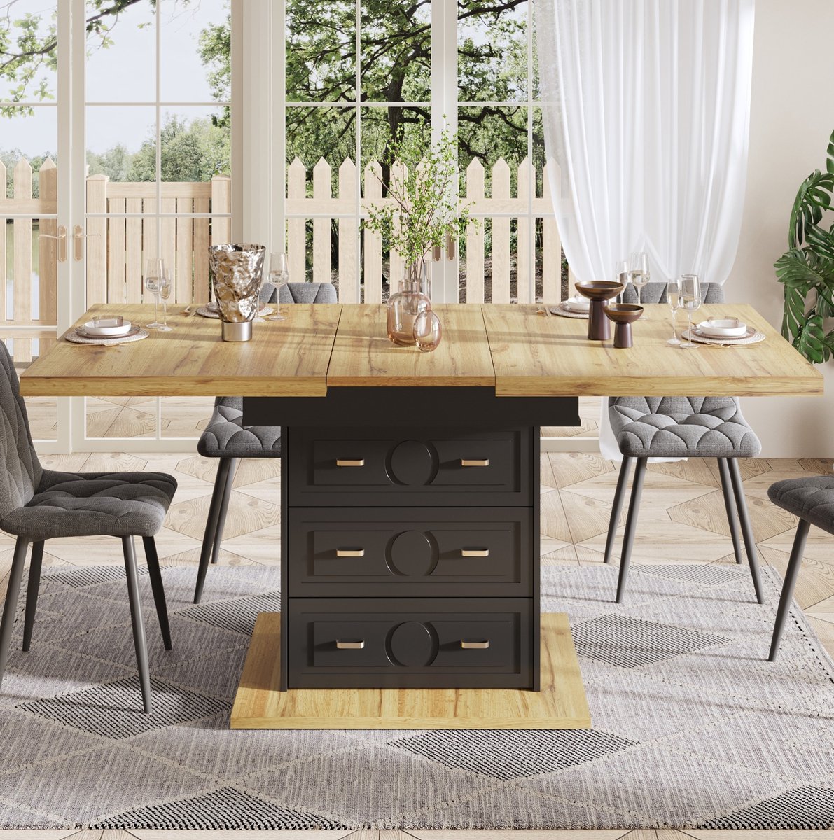 COVREO Eettafel 110-140 x 80 x 75 cm – naturel houtlook, MDF en metaal, uitschuifbaar