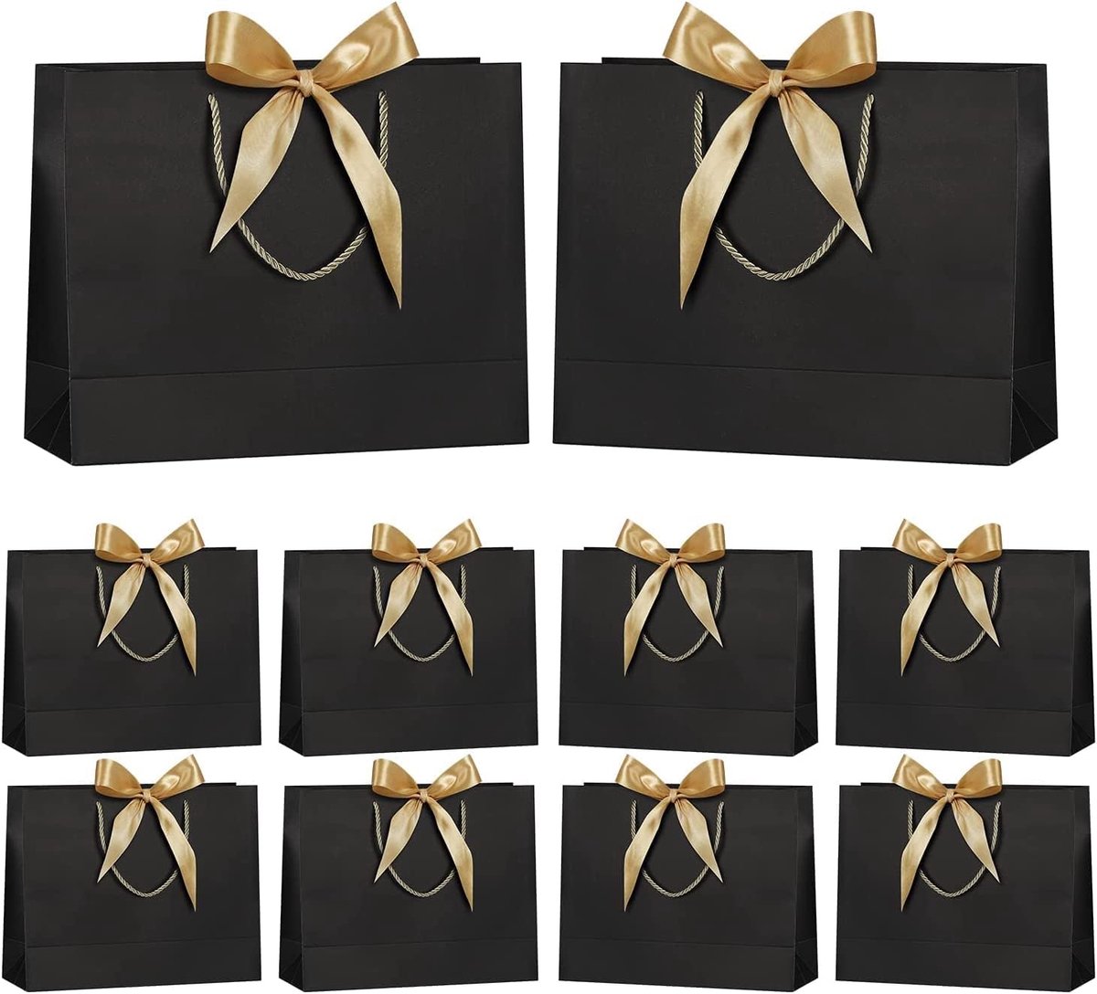 SnelShoppen - 10 Stuks Grote Cadeautassen met Gouden Strik - 32x25x11cm Papier Party Tassen met Handvat voor Verjaardag, Bruiloften, Feestdagen en Bab