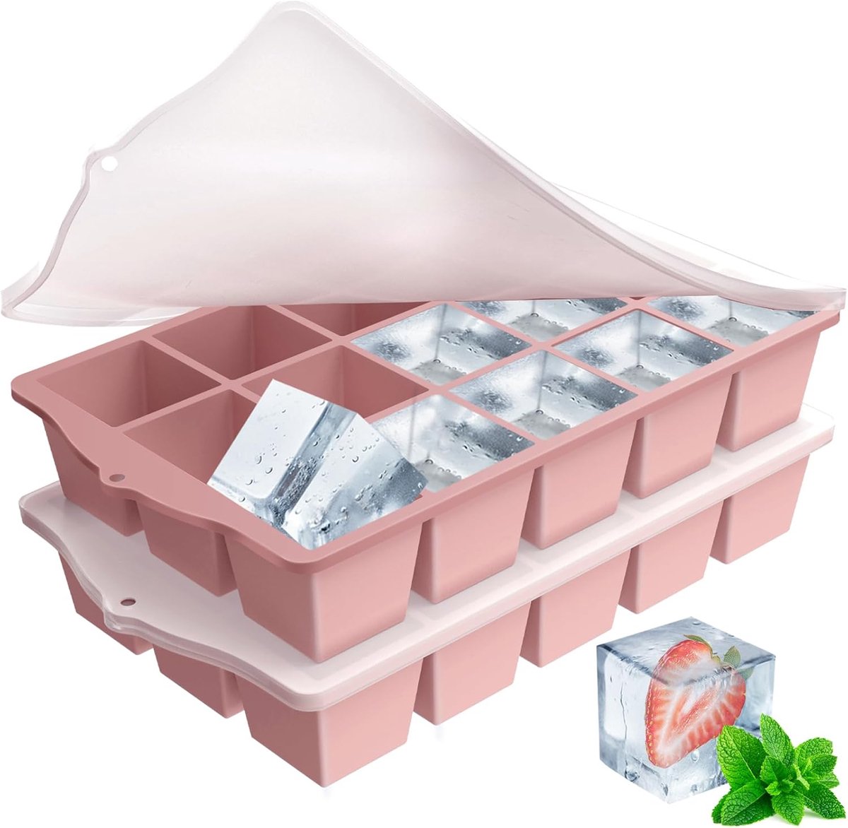 SnelShoppen - Silicone IJsblokjesvorm met Deksel, BPA-vrij, Stapelbare IJsblokjes Tray voor Cocktails, Whisky en Fruitpuree, Roze, 2 Stuks