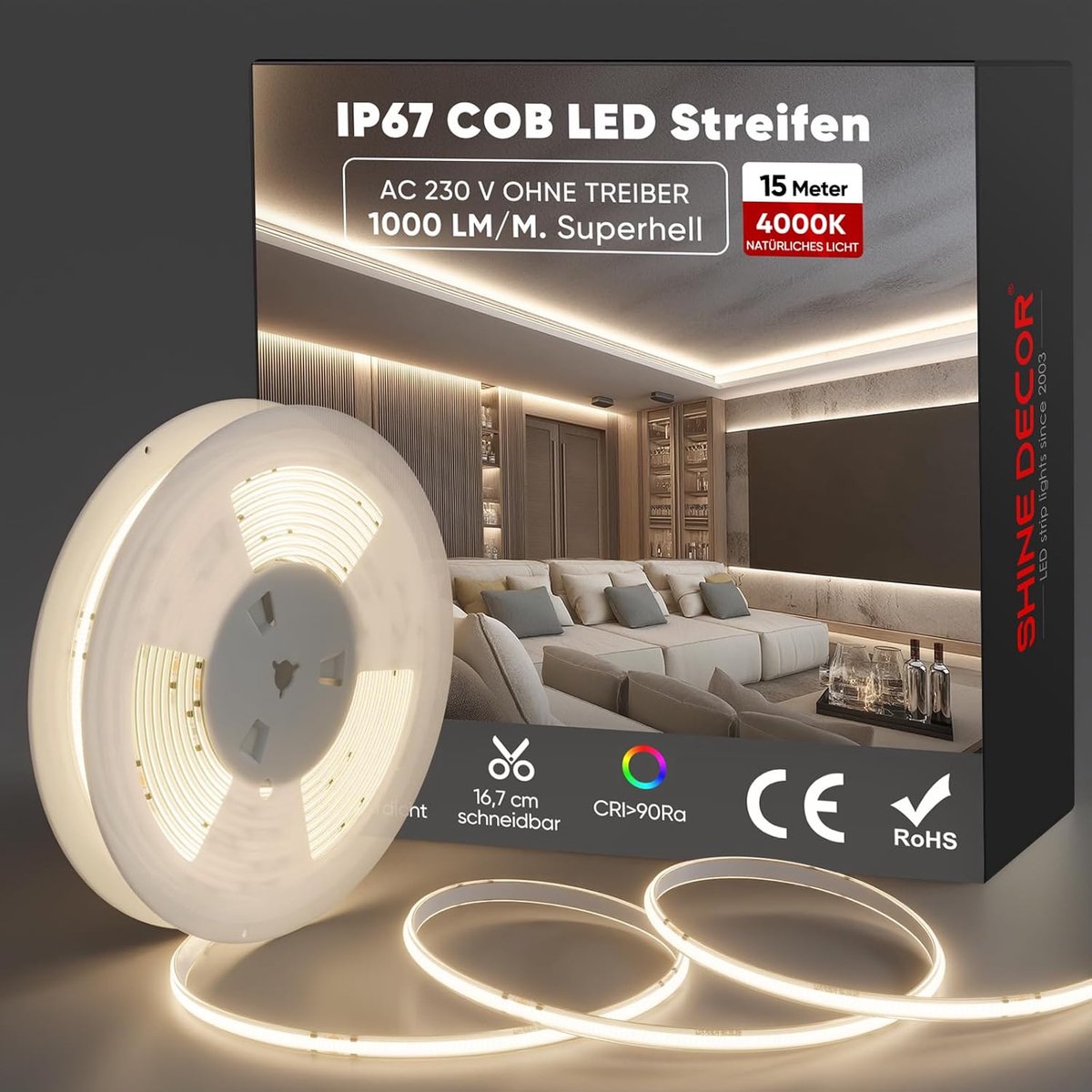SnelShoppen - 15m COB LED Strip Licht - IP67 Waterdicht Flexibele Neon Fairy Lights - Ultra Helder 4000K - Voor Binnen Buiten, Tuin, Keuken, Feesten -