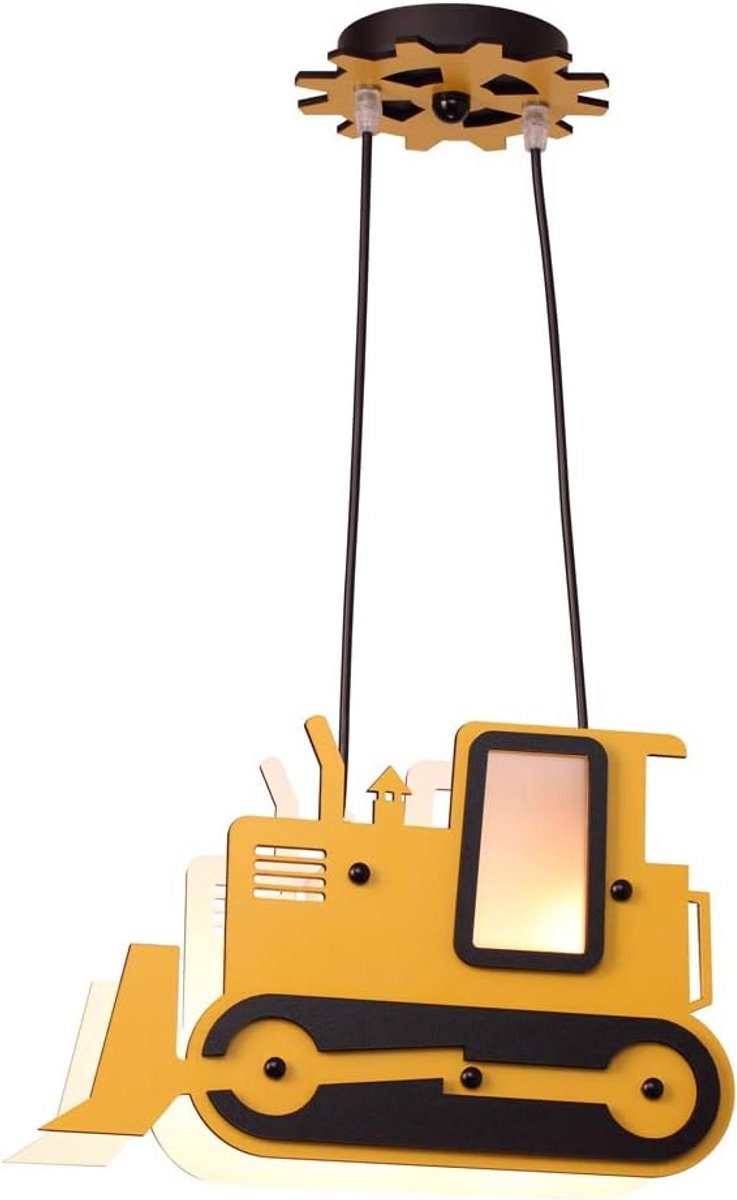 SnelShoppen - Gele plafondlamp voor kinderkamer, excavator ontwerp, MDF, 80 cm hoog, 34 cm lang, 12 cm breed, 2x E14, perfect voor kinderen en bouwlie