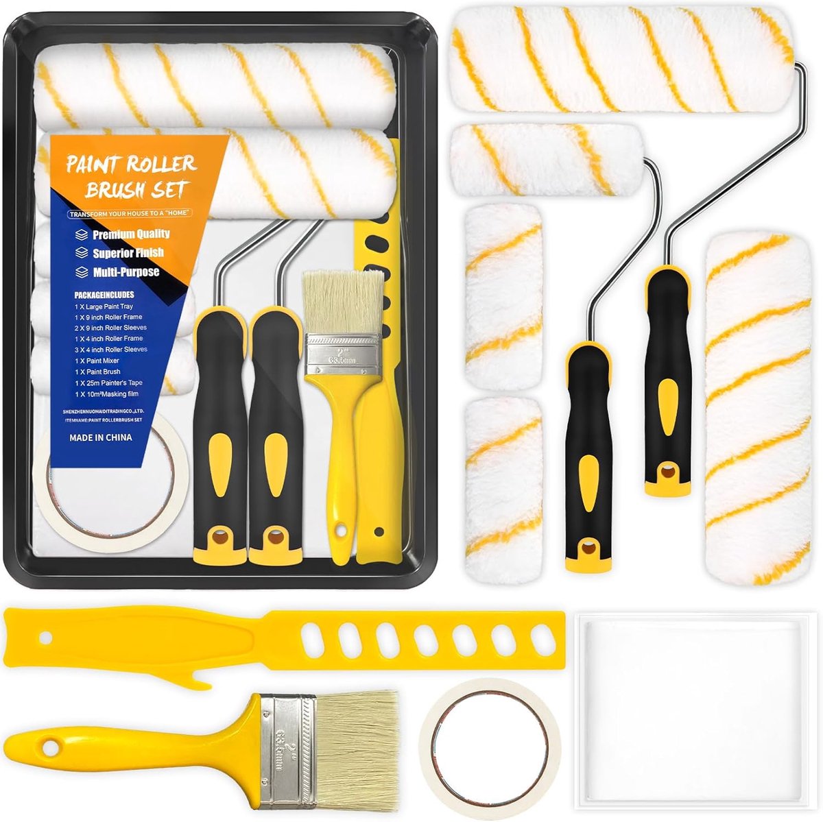 SnelShoppen - Set van 12 verfkwasten en rollers voor muren en plafonds - Perfect voor binnen- en buitenschilderwerk, veelzijdige schildermaterialen, h