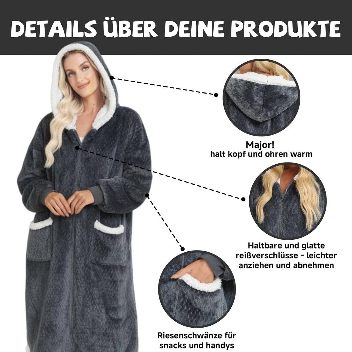 SnelShoppen - Hoodie Dekbed met Mouwen en Capuchon, Donkergrijs, Zachte Jacquard Gebreide Deken met Rits en Zakken, One Size, Perfect voor Thuis en Ko