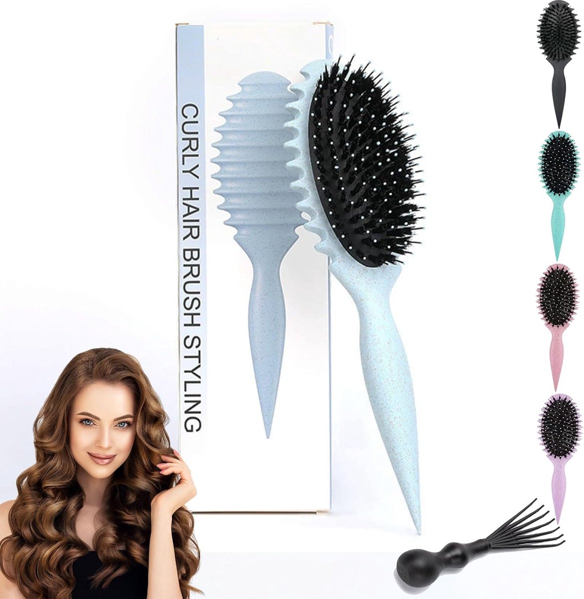 SnelShoppen - Haarborstel Krulborstel voor Vrouwen Boar Haarborstel voor Combineren en Vormen Professionele Borstel voor Gedefinieerde Krullen (Blauw)