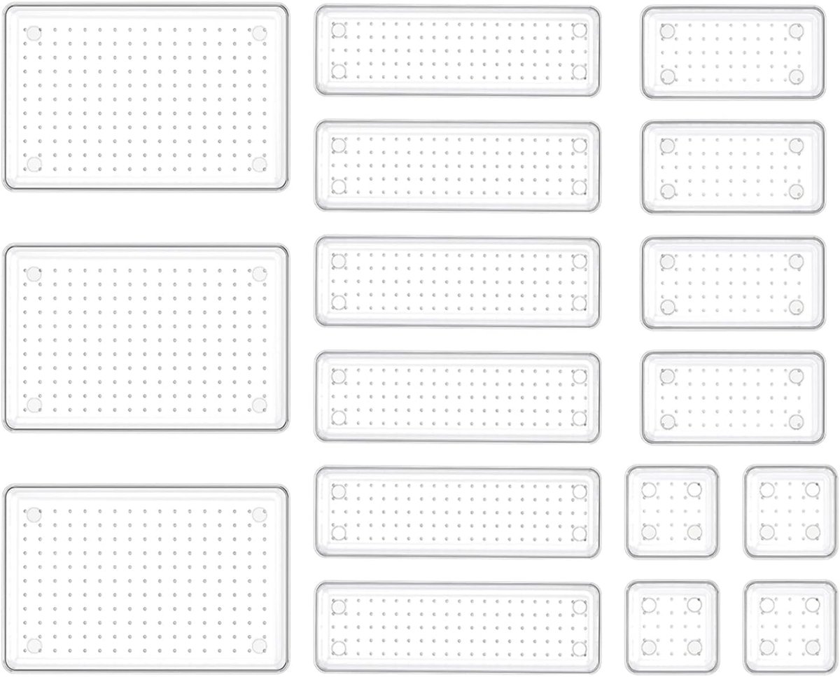 SnelShoppen - Makeup Drawer Organizer Set - 17-delige Opbergset - Heldere Plastic Organizer met Siliconen Pads - Flexibele Indeling voor Bureau, Badka