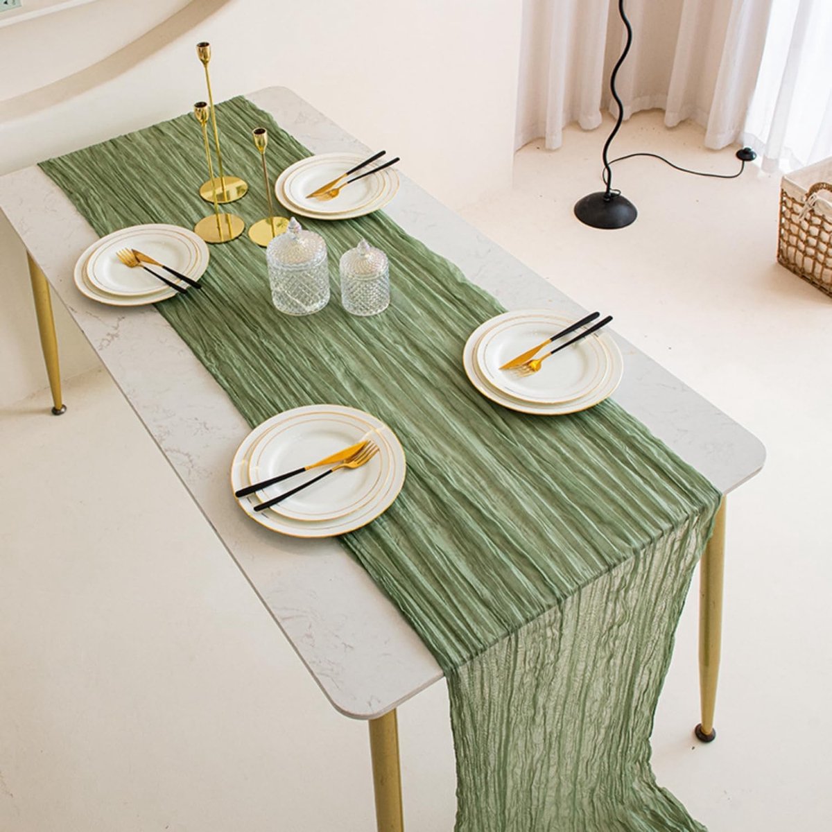 SnelShoppen - Rustic Sage Green Tafelkleed 90 x 400 cm, Kaasdoek Tafelrunner, Zijde Materiaal, Semi-Transparant, Boho Tafelrunner, Vintage Groen voor