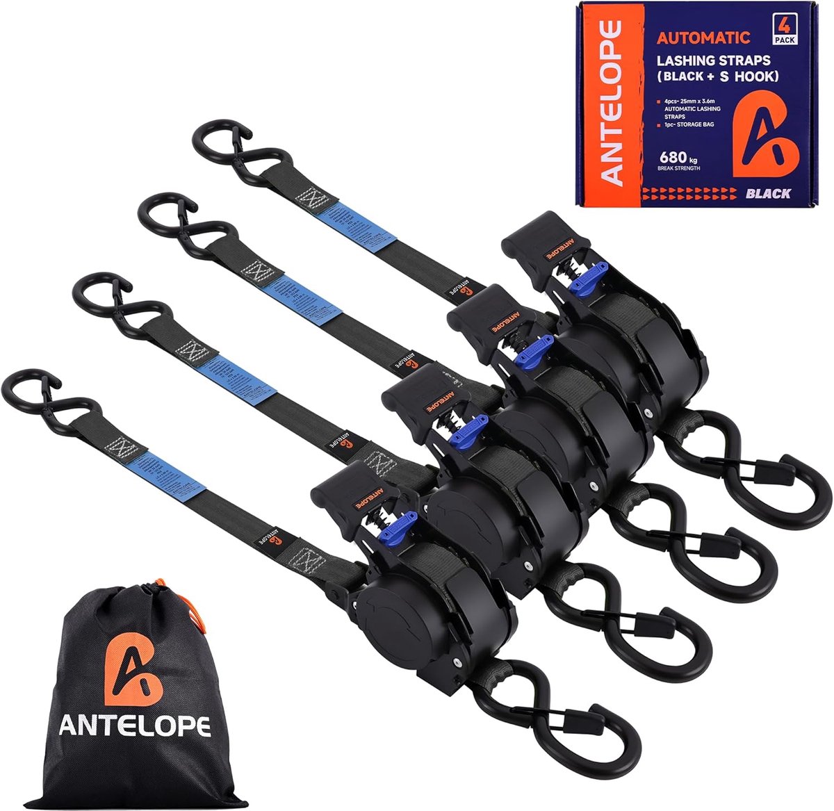 SnelShoppen - Automatische Lashing Strap 3.6m x 25mm - 4 stuks - Retractable Tension Belt met Ratchet en S Hook - 340kg/680kg - Zwart voor Motor, Kaya