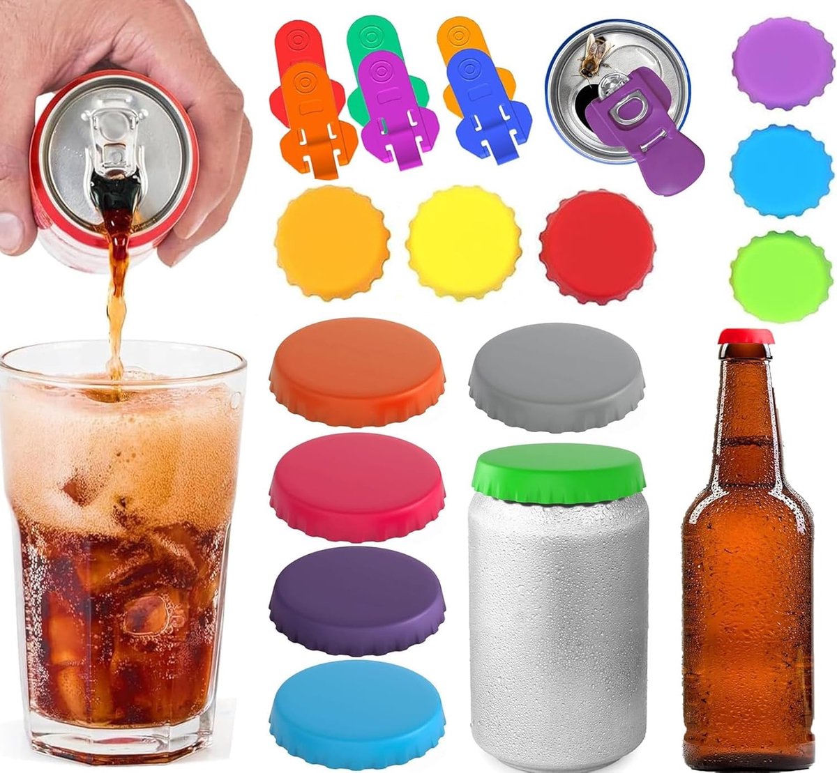 SnelShoppen - 12 Pcs Silicone Rubber Drink Lids & 6 Pcs Can Closures - Herbruikbare Deksel voor Blikjes - Kleurige Verpakkingen voor Bier, Frisdrank e